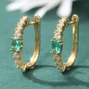 14K Gold Womens 2ct Green Emerald Gemstone 1ct Diamond Small Hoop Earrings NEW